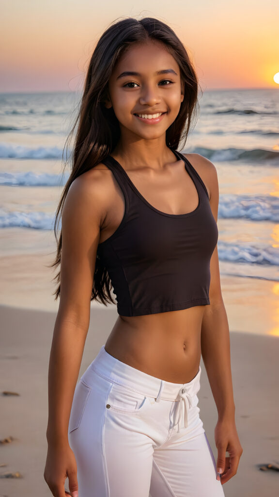 a cute (((brown-skinned teen girl))), smile, straight black long hair, who exudes an air of seduction with a (((cropped tank top))), exhibiting a perfect curved body, (at beach, beautiful sunset)