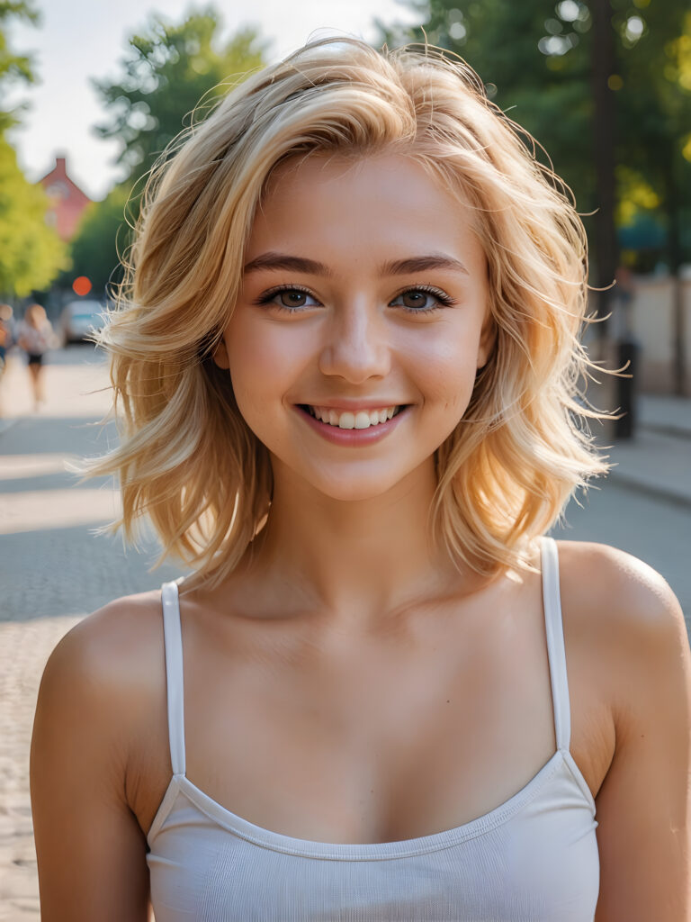 a (((young girl))), smile very happy, (wears a short crop tank top), perfect curved body ((perfect portrait)), ((hairstyle))