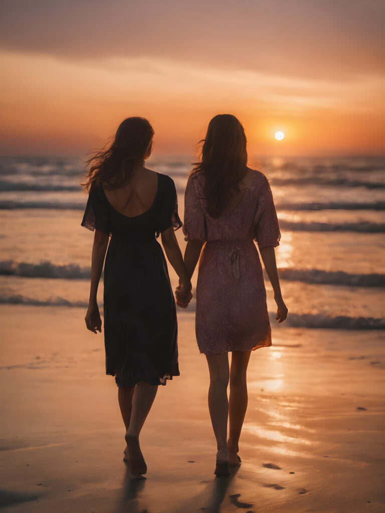 2 girls holding hands walking on the beach at sunset