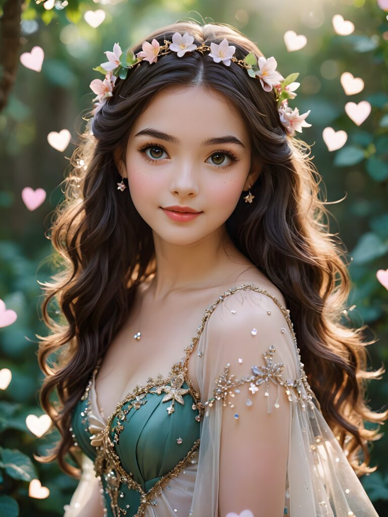 2d cute and beautiful ethereal fantasy fairy tale like image of a mysterious female figure that exudes an air of fairytale enchantment. Her hair flows in dark brown waves and is adorned with tiny hearts and pointy stars. Her lips are full, and she has a sweet smile. Her skin is pure, and her eyes sparkle like jewels. The background is bathed in soft, pastel light, and the figure is surrounded by elements that add to the whimsical ambiance such as colorful flowers and sparkling particles. The overall tone of the image is cheerful and fantastical, inviting viewers into a world where the ordinary becomes truly magical