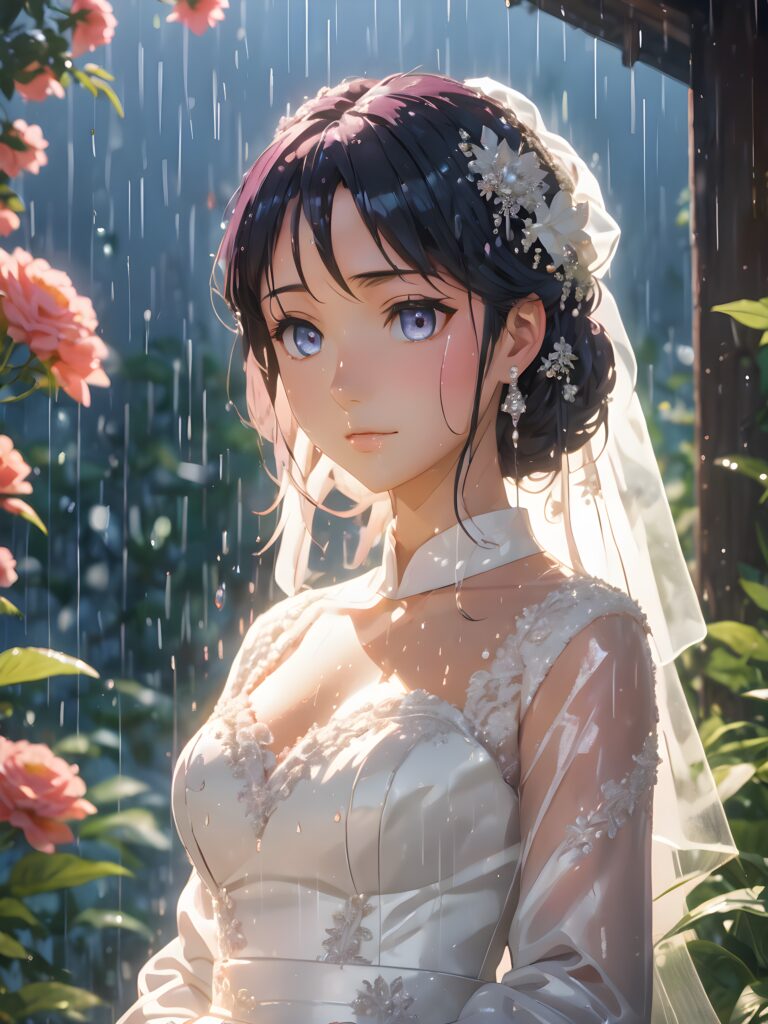 a (((bride-to-be))) standing patiently underneath a gently drizzling (((garden))), her face streaked with heartbreaking tears, encapsulating a profoundly sorrowful atmosphere despite the (((soft rain))) falling around her