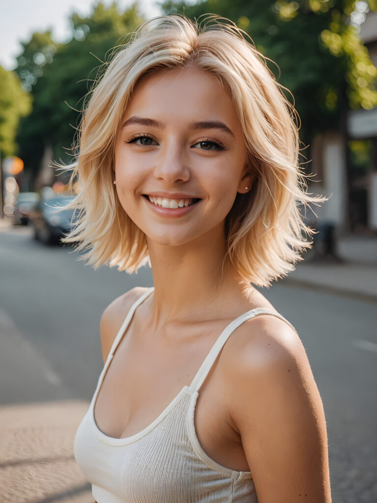 a (((young girl))), smile very happy, (wears a short crop tank top), perfect curved body ((perfect portrait)), ((hairstyle))