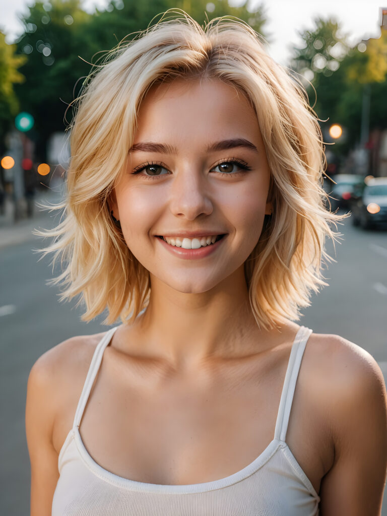 a (((young girl))), smile very happy, (wears a short crop tank top), perfect curved body ((perfect portrait)), ((hairstyle))