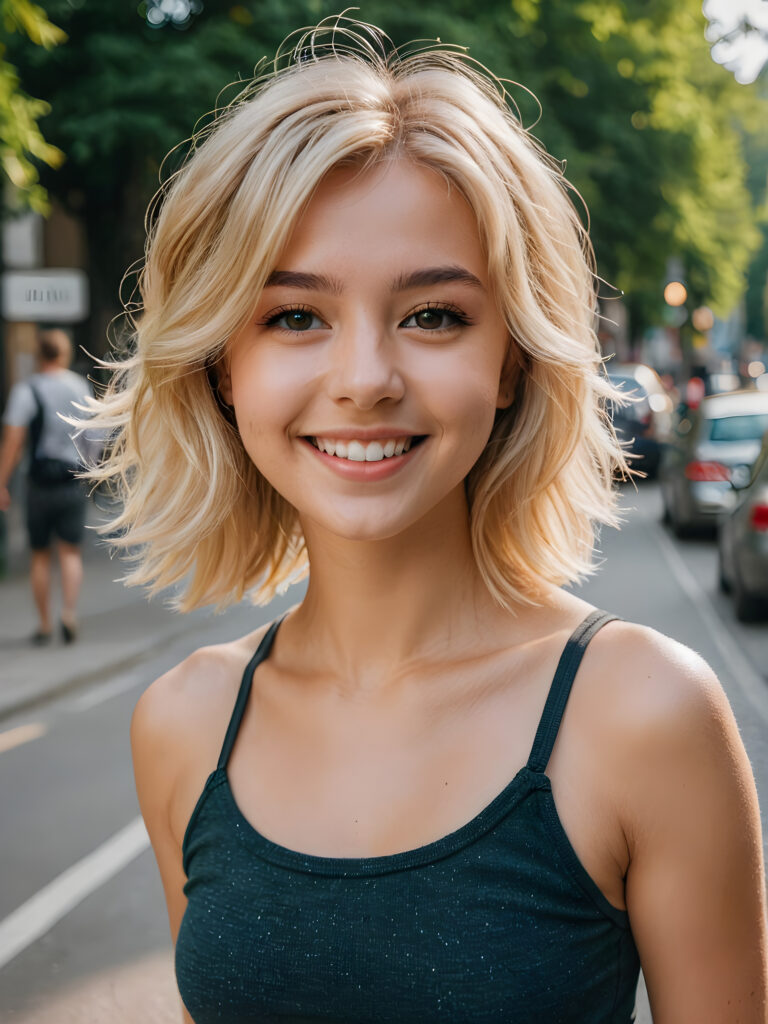 a (((young girl))), smile very happy, (wears a short crop tank top), perfect curved body ((perfect portrait)), ((hairstyle))