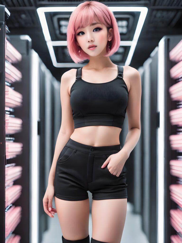 ((full body)) ((cute)) (((gorgeous)) ((stunning)) a young babe with pink strait hair, bangs cut, dressed with (super short (black crop top)) and ((short black pants)), posing in a futuristic data center