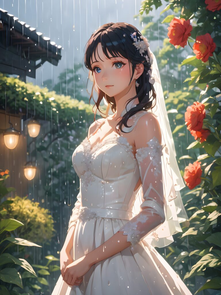 a (((bride-to-be))) standing patiently underneath a gently drizzling (((garden))), her face streaked with heartbreaking tears, encapsulating a profoundly sorrowful atmosphere despite the (((soft rain))) falling around her