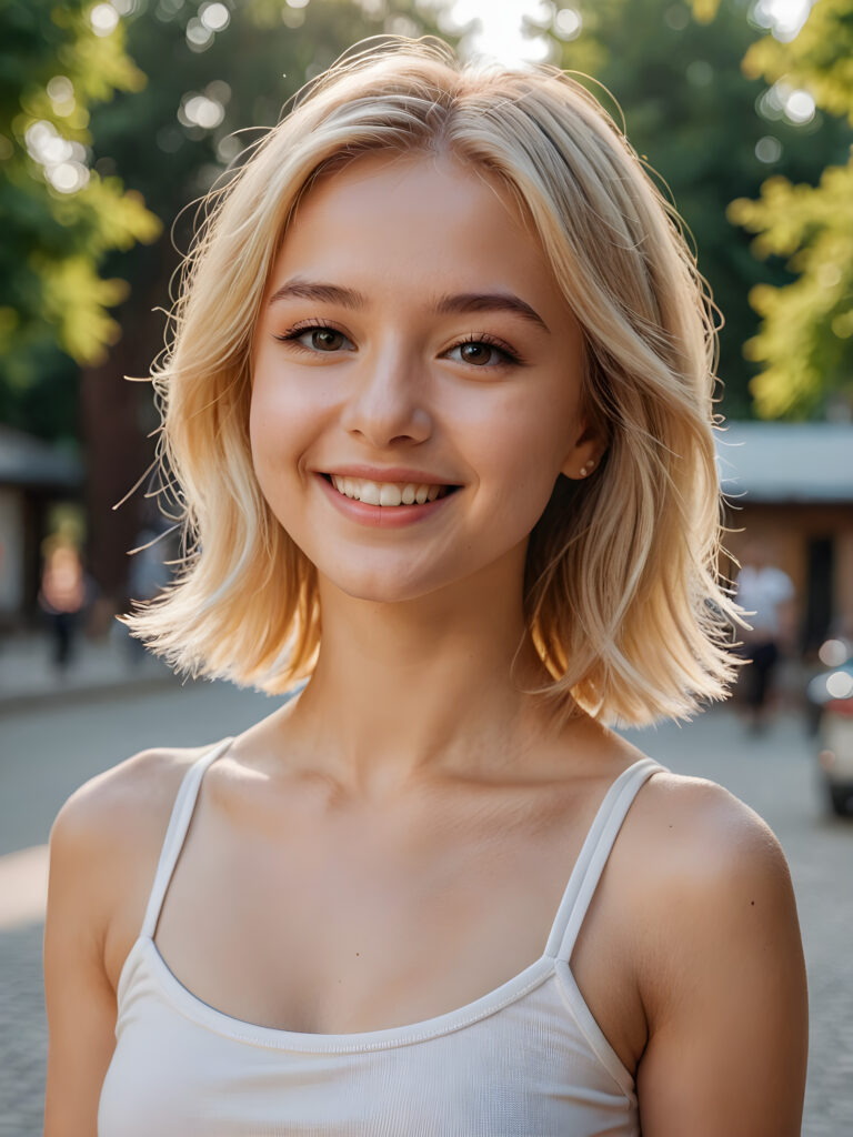 a (((young girl))), smile very happy, (wears a short crop tank top), perfect curved body ((perfect portrait)), ((hairstyle))