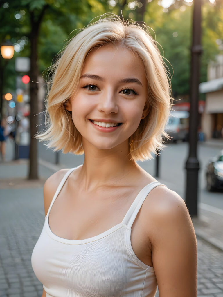 a (((young girl))), smile very happy, (wears a short crop tank top), perfect curved body ((perfect portrait)), ((hairstyle))