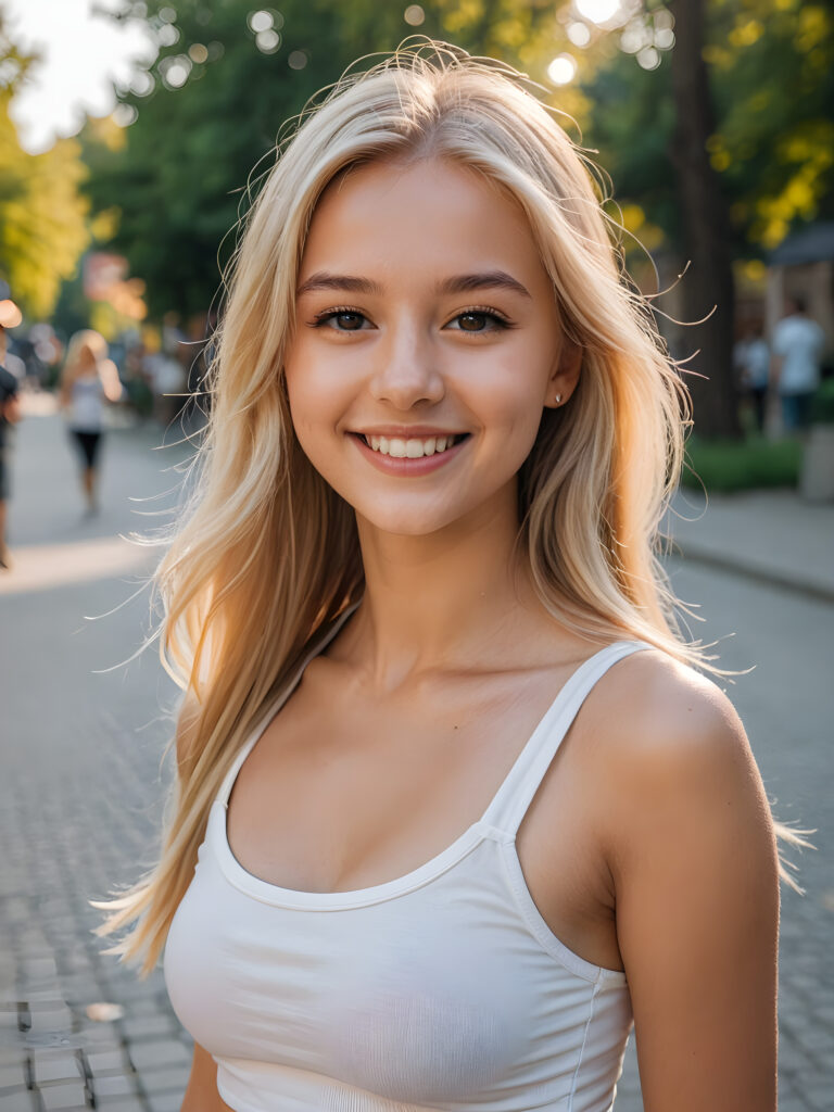 a (((young girl))), smile very happy, (wears a short crop tank top), perfect curved body ((perfect portrait)), ((hairstyle))