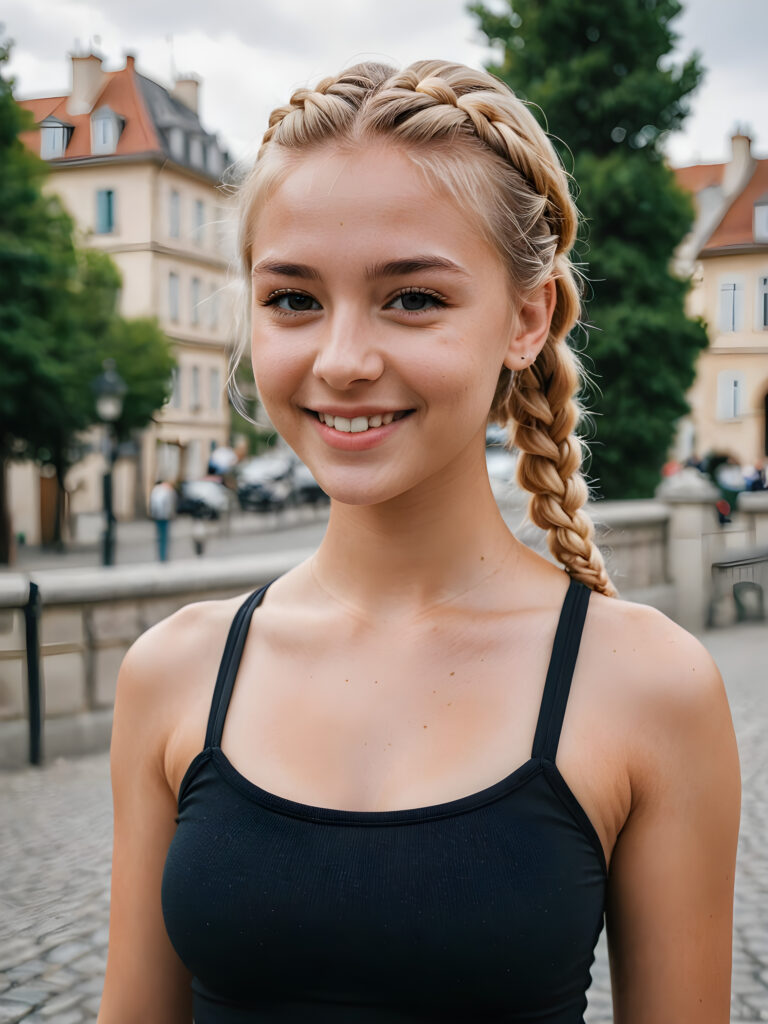 a (((young girl))), smile very happy, (wears a short crop tank top), perfect curved body ((perfect portrait)), ((hairstyle))