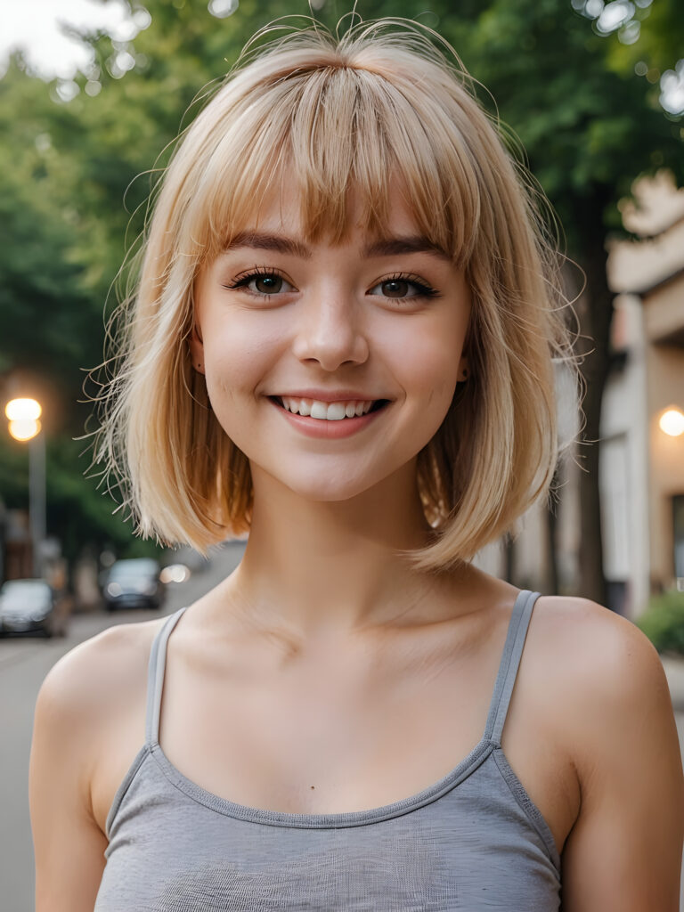 a (((young girl))), smile very happy, (wears a short crop tank top), perfect curved body ((perfect portrait)), ((hairstyle))