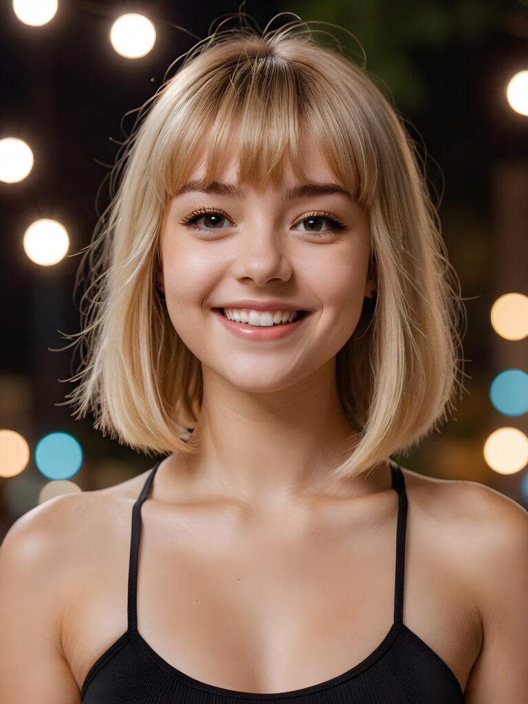 a (((young girl))), smile very happy, (wears a short crop tank top), perfect curved body ((perfect portrait)), ((hairstyle))