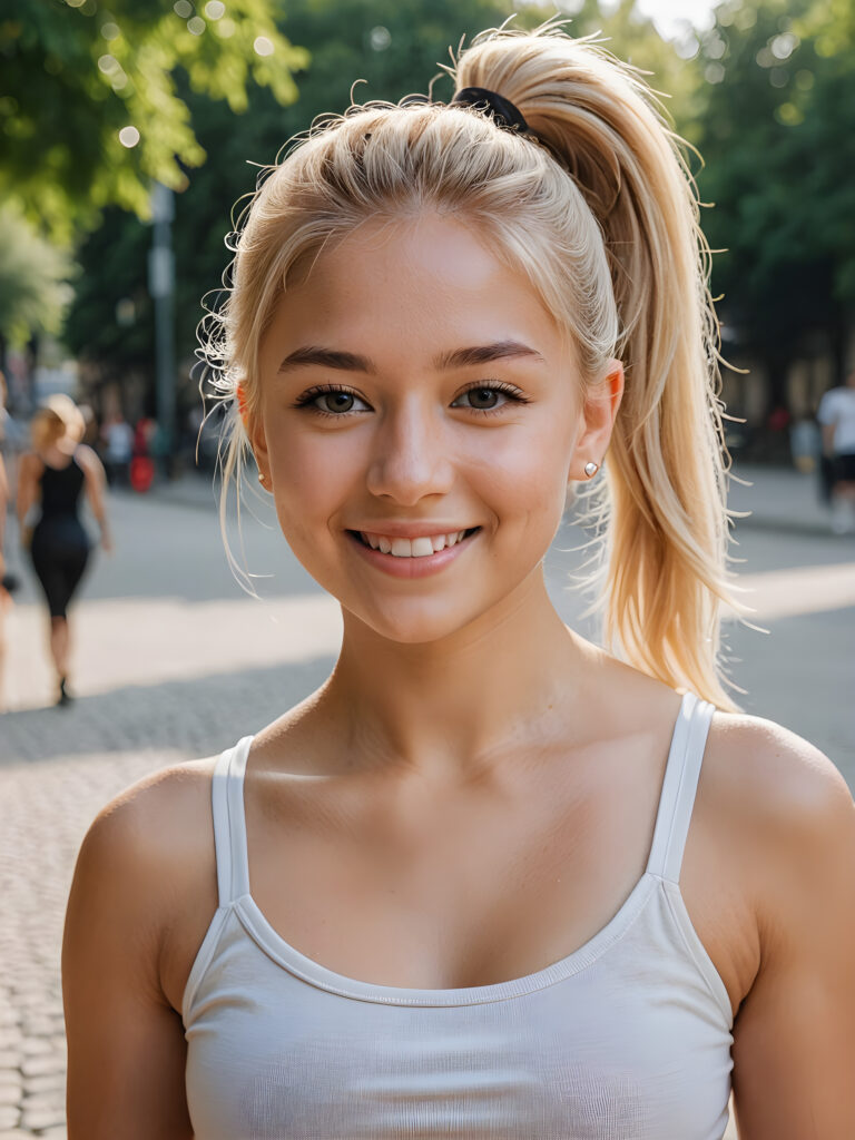 a (((young girl))), smile very happy, (wears a short crop tank top), perfect curved body ((perfect portrait)), ((hairstyle))