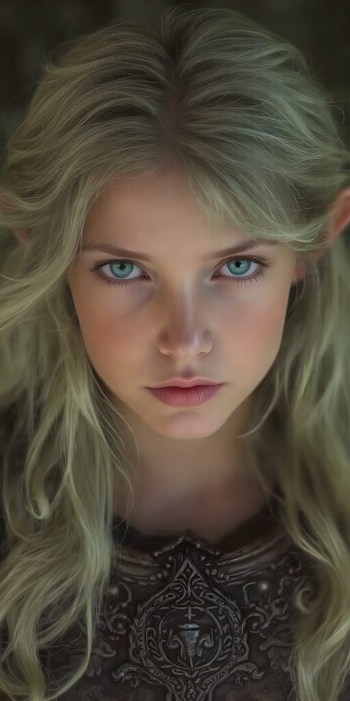 A (((Wood Elf))) with a (((sweet and endearing face))), featuring ((long, wavy, neon light green hair)) that softly flows down to her shoulders, complemented by (((vividly green eyes))). Her armor is a ((fantastical fusion of intricate wooden patterns and ornate metal accents)), evoking a sense of natural elegance and strength