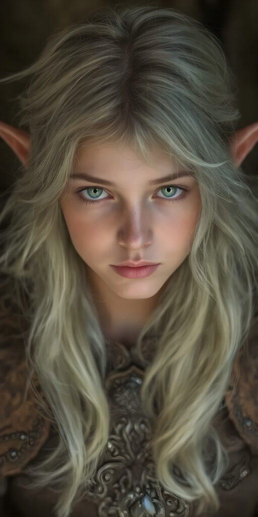 A (((Wood Elf))) with a (((sweet and endearing face))), featuring ((long, wavy, neon light green hair)) that softly flows down to her shoulders, complemented by (((vividly green eyes))). Her armor is a ((fantastical fusion of intricate wooden patterns and ornate metal accents)), evoking a sense of natural elegance and strength