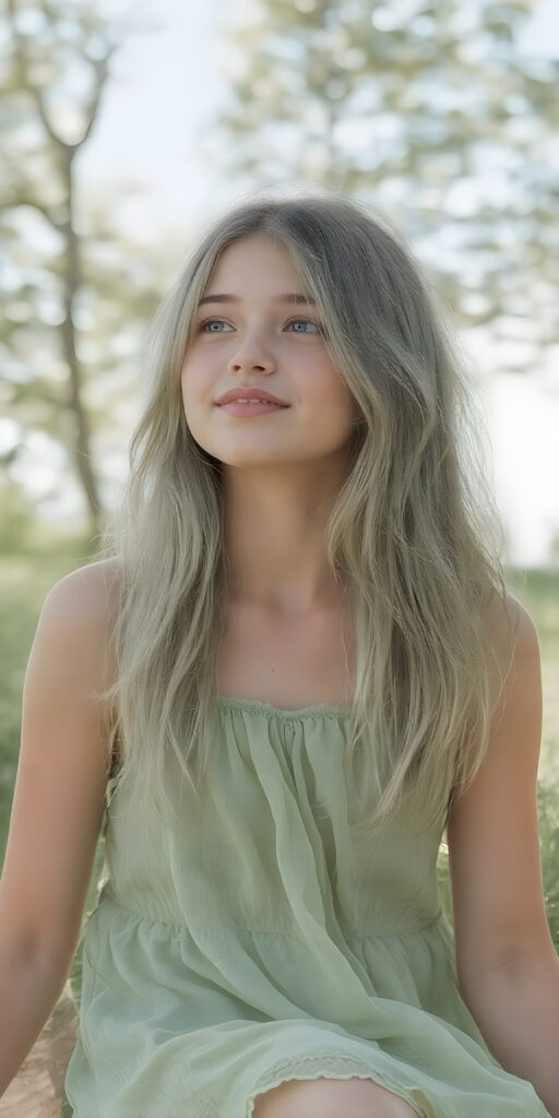 A (((beautiful young adult teen girl))), with long, flowing (((straight light green hair))), (((bright blue eyes))), and (((fair skin))), featuring (((full lips))) and (((white teeth))), that give off a (delicate yet inviting smile). She's dressed in a (((very light, thin summer dress in a soft green hue))), with intricate details and (((very short, translucent, green shades)), that give off a (soft glow) and frame her youthful figure as she sits on a (mild grassy hill) looking up at the (sunny sky) and beautiful green trees in the background. She exudes an air of (serene beauty) and is painted in a (soft, impressionistic style) that gives off a (fantastical, dreamlike aesthetic) ((view from the side))