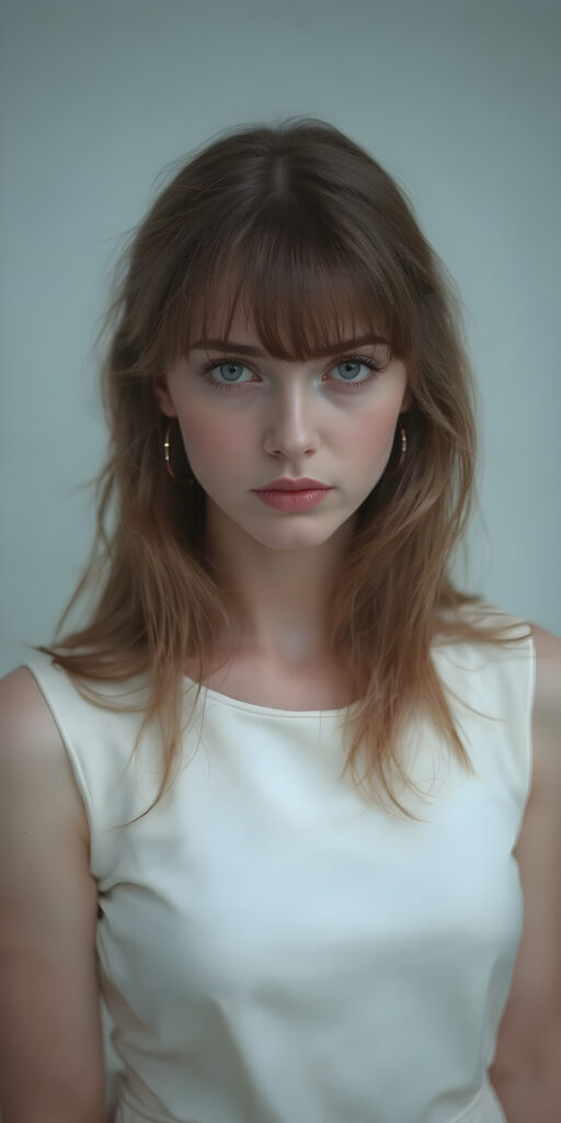 A (((beautiful girl))), with ((pale skin)) and long, flowing ((brown tresses)), whose expression is one of subtle ((mysterious foreboding)), dressed in a sleek ((white dress)), which though alluringly translucent, still exudes an air of mystery and foreboding. Her hair is styled in loose bangs and large hoop earrings, that add to her elegant and sophisticated appearance. A modern, high-resolution photo, captured in 8K quality, with intricate details and advanced lighting techniques that bring this captivating scene to life in a truly stunning image, full body view