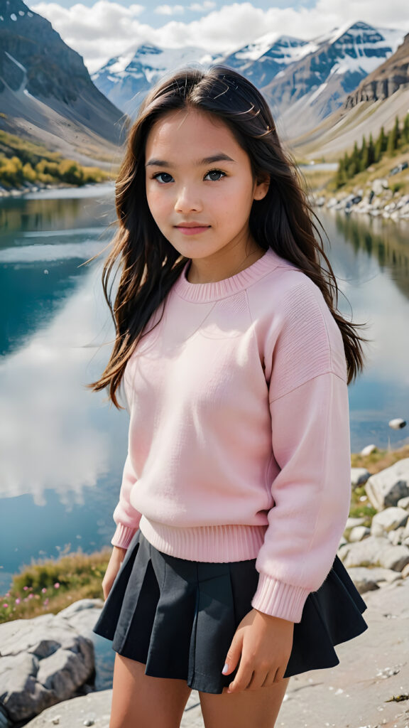 a beautiful 17 year old cute Inuit girl with long dark hair, a small round face, big blue eyes and cute cheeks. She is wearing a pink sweater, a black skirt and grey shoes. She is in a beautiful wild landscape, surrounded by a lake and mountains