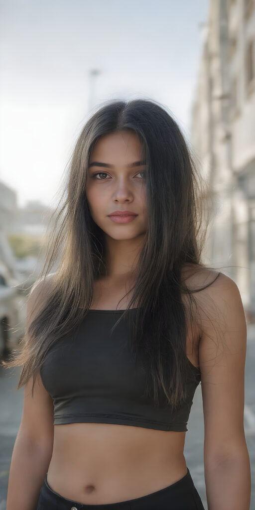 a (((beautiful young girl, perfect curved body, with long straight obsidian black hair framing her face))), showcasing ultra-realistic, high-resolution skin with a soft, natural glow, reflecting off her face's contours. She's dressed in a sleek, ((cropped top)) and ((tight shorts)), posing in the street, under a sunny sky with scattered ((sunbeams)) hitting her face and arms, creating a warm, natural glow. Her face and arms are perfectly proportioned, with defined shapes that match her overall physique. The scene is full of (soft, natural light) and (crisp, high quality details) that make the image feel like a (professional studio photo)