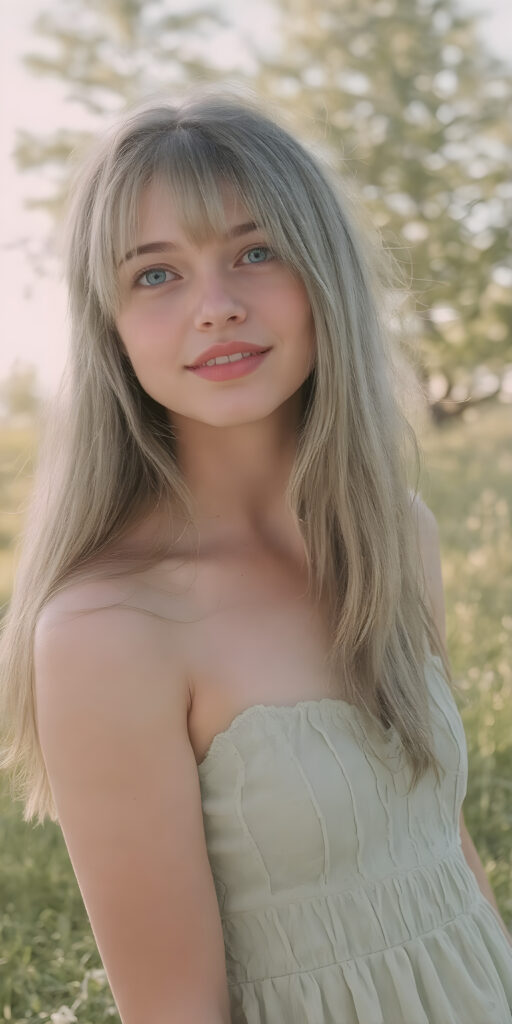 A (((beautiful young adult teen girl))), with long, flowing (((straight light green hair))), (((bright blue eyes))), and (((fair skin))), featuring (((full lips))) and (((white teeth))), that give off a (delicate yet inviting smile). She's dressed in a (((very light, thin summer dress in a soft green hue))), with intricate details and (((very short, translucent, green shades)), that give off a (soft glow) and frame her youthful figure on a (mild grassy hill) looking up at the (sunny sky) and beautiful green trees in the background. She exudes an air of (serene beauty) and is painted in a (soft, impressionistic style) that gives off a (fantastical, dreamlike aesthetic) ((view from the side))