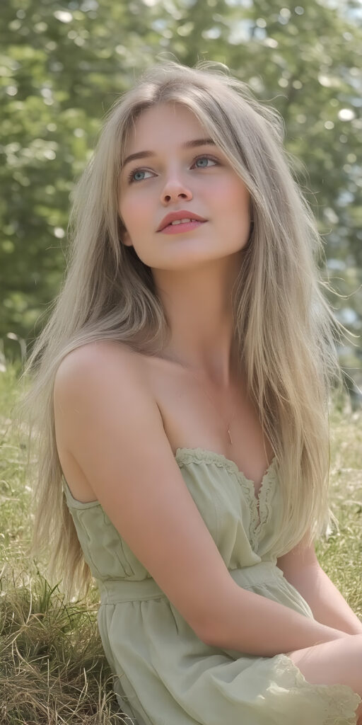 A (((beautiful young adult teen girl))), with long, flowing (((straight light green hair))), (((bright blue eyes))), and (((fair skin))), featuring (((full lips))) and (((white teeth))), that give off a (delicate yet inviting smile). She's dressed in a (((very light, thin summer dress in a soft green hue))), with intricate details and (((very short, translucent, green shades)), that give off a (soft glow) and frame her youthful figure as she sits on a (mild grassy hill) looking up at the (sunny sky) and beautiful green trees in the background. She exudes an air of (serene beauty) and is painted in a (soft, impressionistic style) that gives off a (fantastical, dreamlike aesthetic) ((view from the side))