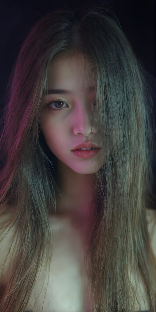 A (((beautiful Asian teen girl))), with (((extremely long, flowing brown hair))) that flows down to her shoulders and cascades down her back in a (((dainty, layered waterfall manner))), paired with (((black irises))), (((pale skin))), and (((a full, cherry mouth))), all posed together in a (((mystical setting))) where the light takes on a magical quality, as if emanating from her features, creating a breathtakingly beautiful image that exudes a sense of otherworldliness (((upper body portrait)))