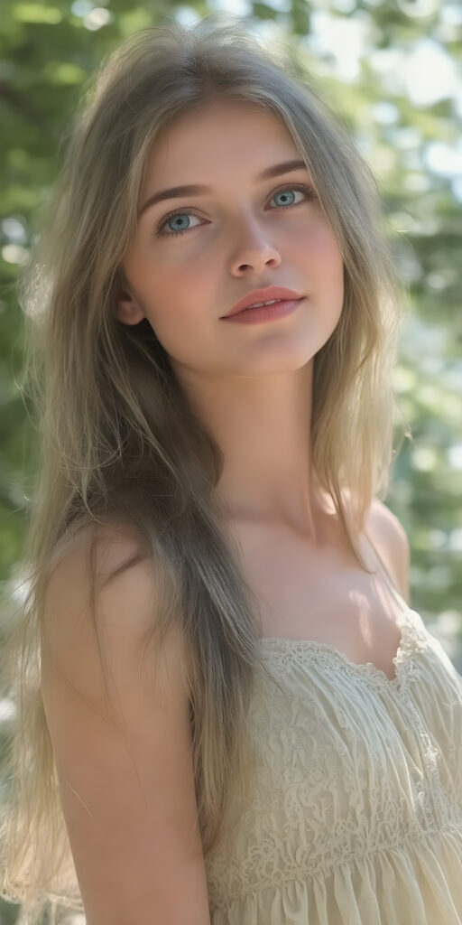 A (((beautiful young adult teen girl))), with long, flowing (((straight light green hair))), (((bright blue eyes))), and (((fair skin))), featuring (((full lips))) and (((white teeth))), that give off a (delicate yet inviting smile). She's dressed in a (((very light, thin summer dress in a soft green hue))), with intricate details and (((very short, translucent, green shades)), that give off a (soft glow) and frame her youthful figure on a (mild grassy hill) looking up at the (sunny sky) and beautiful green trees in the background. She exudes an air of (serene beauty) and is painted in a (soft, impressionistic style) that gives off a (fantastical, dreamlike aesthetic) ((view from the side))