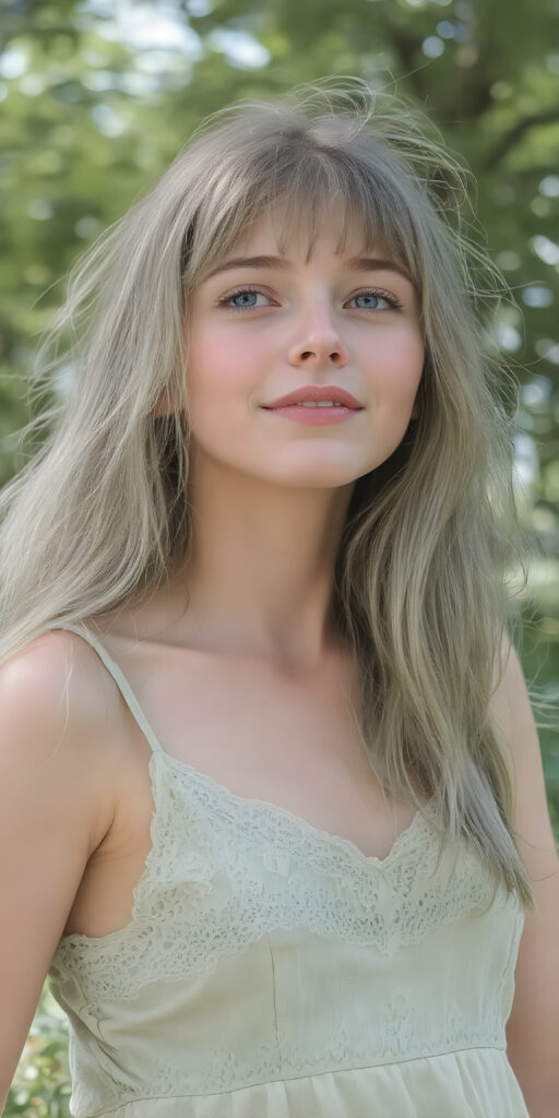 A (((beautiful young adult teen girl))), with long, flowing (((straight light green hair))), (((bright blue eyes))), and (((fair skin))), featuring (((full lips))) and (((white teeth))), that give off a (delicate yet inviting smile). She's dressed in a (((very light, thin summer dress in a soft green hue))), with intricate details and (((very short, translucent, green shades)), that give off a (soft glow) and frame her youthful figure on a (mild grassy hill) looking up at the (sunny sky) and beautiful green trees in the background. She exudes an air of (serene beauty) and is painted in a (soft, impressionistic style) that gives off a (fantastical, dreamlike aesthetic) ((view from the side))