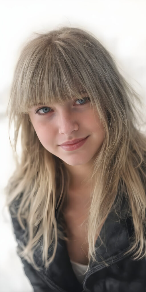 A (((beautiful young cute teenage girl))), age 15, with flowing, (((long, two-toned blond hair with bangs))), that subtly matches the contours of her face, covering her eyes and ears, creating a soft, ethereal glow around her head. She's dressed in a sleek, ((black, form-fitting biker jacket)) with intricate, ((tribal-inspired detailing)), paired with light denim jeans. Her smile radiates cheerfulness, set against a (softly hazy white backdrop), (full body), ((tattoo art)) that elegantly matches the contours of her body and complements her youthful face, giving off an air of confidence and poise, ((poker face)) that exudes sophistication and playfulness