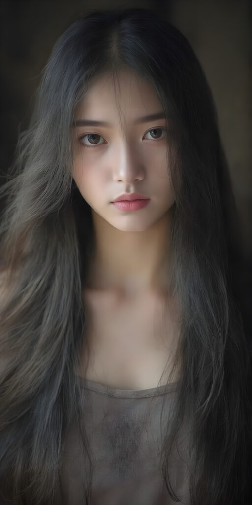 A (((beautiful Asian teen girl))), with (((extremely long, flowing black hair))) that flows down to her shoulders and cascades down her back in a (((dainty, layered waterfall manner))), paired with (((black irises))), (((pale skin))), and (((a full, cherry mouth))), all posed together in a (((mystical setting))) where the light takes on a magical quality, as if emanating from her features, creating a breathtakingly beautiful image that exudes a sense of otherworldliness (((upper body portrait)))