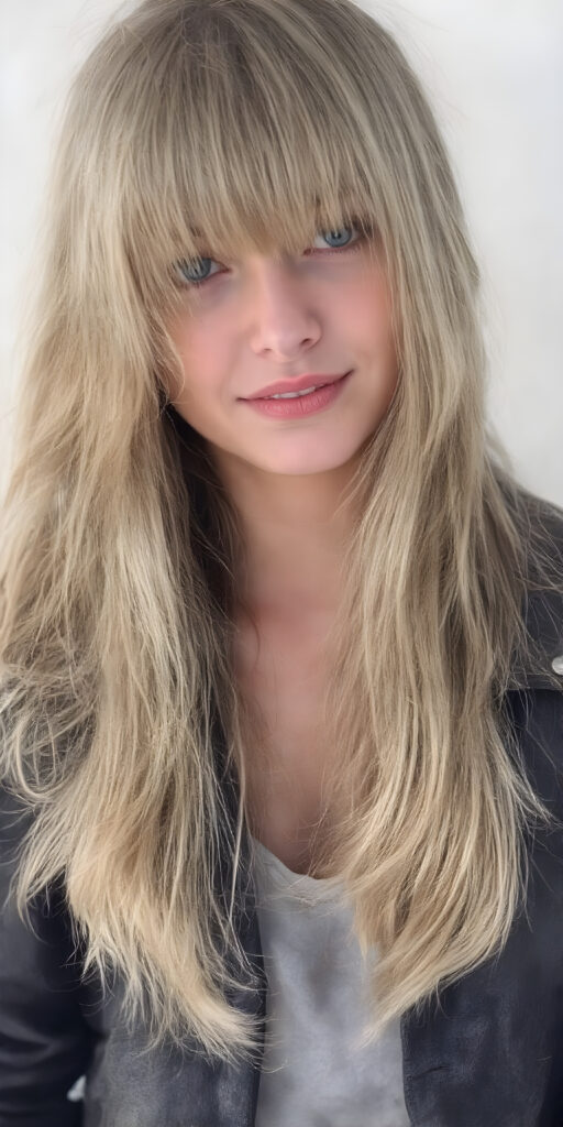 A (((beautiful young cute teenage girl))), age 15, with flowing, (((long, two-toned blond hair with bangs))), that subtly matches the contours of her face, covering her eyes and ears, creating a soft, ethereal glow around her head. She's dressed in a sleek, ((black, form-fitting biker jacket)) with intricate, ((tribal-inspired detailing)), paired with light denim jeans. Her smile radiates cheerfulness, set against a (softly hazy white backdrop), (full body), ((tattoo art)) that elegantly matches the contours of her body and complements her youthful face, giving off an air of confidence and poise, ((poker face)) that exudes sophistication and playfulness