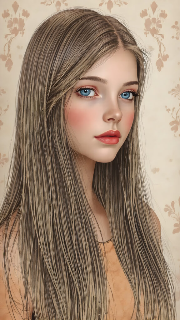 A (((beautiful illustration))) depicting a (((young girl))) with (((extremely long, straight, thick, untucked hair))), fine art details and intricate patterns that give off a (((natural, almost ethereal glow))), complemented by (((full, bright blue eyes))) and (((pale skin))), all exuding an air of (((spaghetti and vintage chic))). The scene is (((extremely detailed))) down to the (((microscopic level))), with (((skin so clear and smooth it appears almost flawless))), embodying a (((high standard of artistic excellence))) that meets the (professional) quality of a (masterpiece) drawing or painting. (((Full body view))) on the young girl, with the ((extremely long, straight, thick, untucked hair)) flowing down past her hips, perfectly framed against the (vintage-inspired backdrop)