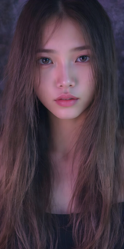 A (((beautiful Asian teen girl))), with (((extremely long, flowing brown hair))) that flows down to her shoulders and cascades down her back in a (((dainty, layered waterfall manner))), paired with (((black irises))), (((pale skin))), and (((a full, cherry mouth))), all posed together in a (((mystical setting))) where the light takes on a magical quality, as if emanating from her features, creating a breathtakingly beautiful image that exudes a sense of otherworldliness (((upper body portrait)))