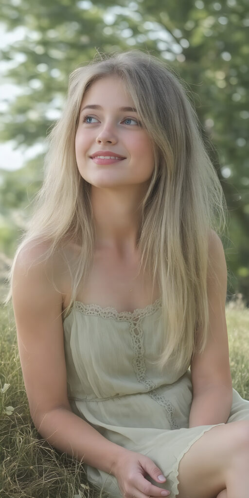 A (((beautiful young adult teen girl))), with long, flowing (((straight light green hair))), (((bright blue eyes))), and (((fair skin))), featuring (((full lips))) and (((white teeth))), that give off a (delicate yet inviting smile). She's dressed in a (((very light, thin summer dress in a soft green hue))), with intricate details and (((very short, translucent, green shades)), that give off a (soft glow) and frame her youthful figure as she sits on a (mild grassy hill) looking up at the (sunny sky) and beautiful green trees in the background. She exudes an air of (serene beauty) and is painted in a (soft, impressionistic style) that gives off a (fantastical, dreamlike aesthetic) ((view from the side))