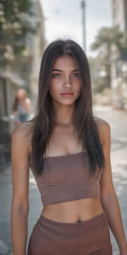 a (((beautiful young girl, perfect curved body, with long straight obsidian black hair framing her face))), showcasing ultra-realistic, high-resolution skin with a soft, natural glow, reflecting off her face's contours. She's dressed in a sleek, ((cropped top)) and ((tight shorts)), posing in the street, under a sunny sky with scattered ((sunbeams)) hitting her face and arms, creating a warm, natural glow. Her face and arms are perfectly proportioned, with defined shapes that match her overall physique. The scene is full of (soft, natural light) and (crisp, high quality details) that make the image feel like a (professional studio photo)