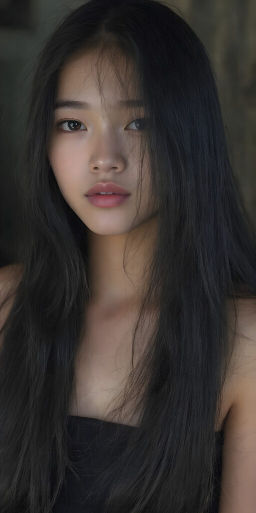 A (((beautiful Asian teen girl))), with (((extremely long, flowing black hair))) that flows down to her shoulders and cascades down her back in a (((dainty, layered waterfall manner))), paired with (((black irises))), (((pale skin))), and (((a full, cherry mouth))), all posed together in a (((mystical setting))) where the light takes on a magical quality, as if emanating from her features, creating a breathtakingly beautiful image that exudes a sense of otherworldliness (((upper body portrait)))