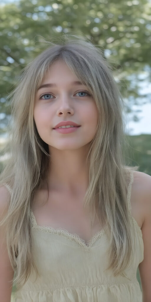 A (((beautiful young adult teen girl))), with long, flowing (((straight light green hair))), (((bright blue eyes))), and (((fair skin))), featuring (((full lips))) and (((white teeth))), that give off a (delicate yet inviting smile). She's dressed in a (((very light, thin summer dress in a soft green hue))), with intricate details and (((very short, translucent, green shades)), that give off a (soft glow) and frame her youthful figure on a (mild grassy hill) looking up at the (sunny sky) and beautiful green trees in the background. She exudes an air of (serene beauty) and is painted in a (soft, impressionistic style) that gives off a (fantastical, dreamlike aesthetic) ((view from the side))