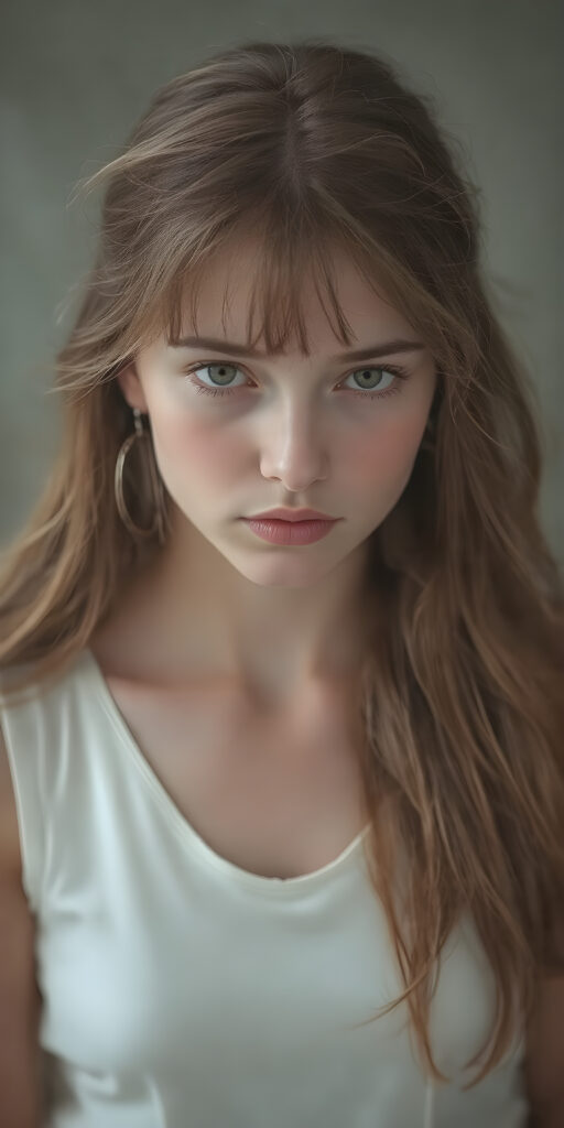 A (((beautiful girl))), with ((pale skin)) and long, flowing ((brown tresses)), whose expression is one of subtle ((mysterious foreboding)), dressed in a sleek ((white dress)), which though alluringly translucent, still exudes an air of mystery and foreboding. Her hair is styled in loose bangs and large hoop earrings, that add to her elegant and sophisticated appearance. A modern, high-resolution photo, captured in 8K quality, with intricate details and advanced lighting techniques that bring this captivating scene to life in a truly stunning image, full body view