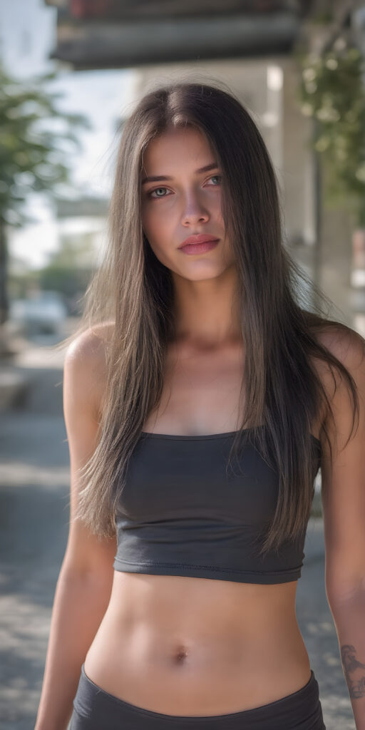 a (((beautiful young girl, perfect curved body, with long straight obsidian black hair framing her face))), showcasing ultra-realistic, high-resolution skin with a soft, natural glow, reflecting off her face's contours. She's dressed in a sleek, ((cropped top)) and ((tight shorts)), posing in the street, under a sunny sky with scattered ((sunbeams)) hitting her face and arms, creating a warm, natural glow. Her face and arms are perfectly proportioned, with defined shapes that match her overall physique. The scene is full of (soft, natural light) and (crisp, high quality details) that make the image feel like a (professional studio photo)