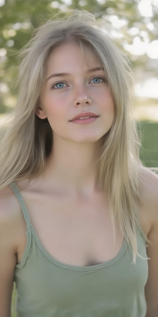 A (((beautiful young adult teen girl))), with long, flowing (((straight light green and blond hair))), (((bright blue eyes))), and (((fair skin))), featuring (((full lips))) and (((white teeth))), that give off a (delicate yet inviting smile). She's dressed in a (((very light, thin tank top in a soft green hue, deep v-neck))), with intricate details and (((very short, translucent, green shades)), that give off a (soft glow) and frame her youthful figure on a (mild grassy hill) looking up at the (sunny sky) and beautiful green trees in the background. She exudes an air of (serene beauty) and is painted in a (soft, impressionistic style) that gives off a (fantastical, dreamlike aesthetic), no necklace