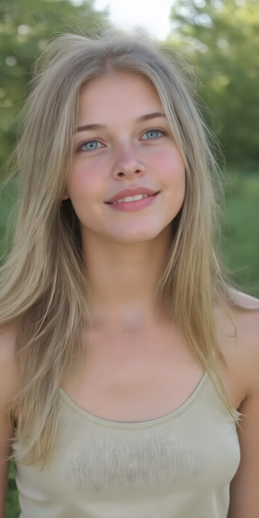 A (((beautiful young adult teen girl))), with long, flowing (((straight light green and blond hair))), (((bright blue eyes))), and (((fair skin))), featuring (((full lips))) and (((white teeth))), that give off a (delicate yet inviting smile). She's dressed in a (((very light, thin tank top in a soft green hue))), with intricate details and (((very short, translucent, green shades)), that give off a (soft glow) and frame her youthful figure on a (mild grassy hill) looking up at the (sunny sky) and beautiful green trees in the background. She exudes an air of (serene beauty) and is painted in a (soft, impressionistic style) that gives off a (fantastical, dreamlike aesthetic), no necklace