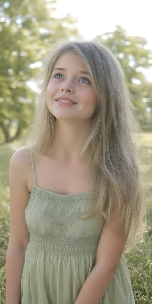 A (((beautiful young adult teen girl))), with long, flowing (((straight light green hair))), (((bright blue eyes))), and (((fair skin))), featuring (((full lips))) and (((white teeth))), that give off a (delicate yet inviting smile). She's dressed in a (((very light, thin summer dress in a soft green hue))), with intricate details and (((very short, translucent, green shades)), that give off a (soft glow) and frame her youthful figure on a (mild grassy hill) looking up at the (sunny sky) and beautiful green trees in the background. She exudes an air of (serene beauty) and is painted in a (soft, impressionistic style) that gives off a (fantastical, dreamlike aesthetic) ((view from the side))