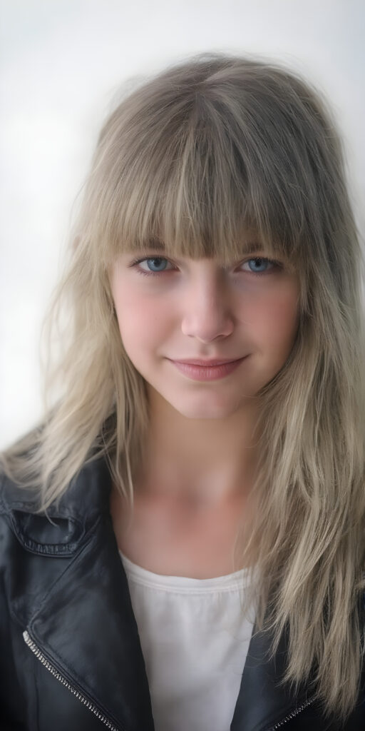 A (((beautiful young cute teenage girl))), age 15, with flowing, (((long, two-toned blond hair with bangs))), that subtly matches the contours of her face, covering her eyes and ears, creating a soft, ethereal glow around her head. She's dressed in a sleek, ((black, form-fitting biker jacket)) with intricate, ((tribal-inspired detailing)), paired with light denim jeans. Her smile radiates cheerfulness, set against a (softly hazy white backdrop), (full body), ((tattoo art)) that elegantly matches the contours of her body and complements her youthful face, giving off an air of confidence and poise, ((poker face)) that exudes sophistication and playfulness