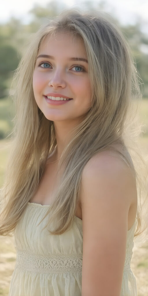 A (((beautiful young adult teen girl))), with long, flowing (((straight light green hair))), (((bright blue eyes))), and (((fair skin))), featuring (((full lips))) and (((white teeth))), that give off a (delicate yet inviting smile). She's dressed in a (((very light, thin summer dress in a soft green hue))), with intricate details and (((very short, translucent, green shades)), that give off a (soft glow) and frame her youthful figure on a (mild grassy hill) looking up at the (sunny sky) and beautiful green trees in the background. She exudes an air of (serene beauty) and is painted in a (soft, impressionistic style) that gives off a (fantastical, dreamlike aesthetic) ((view from the side))