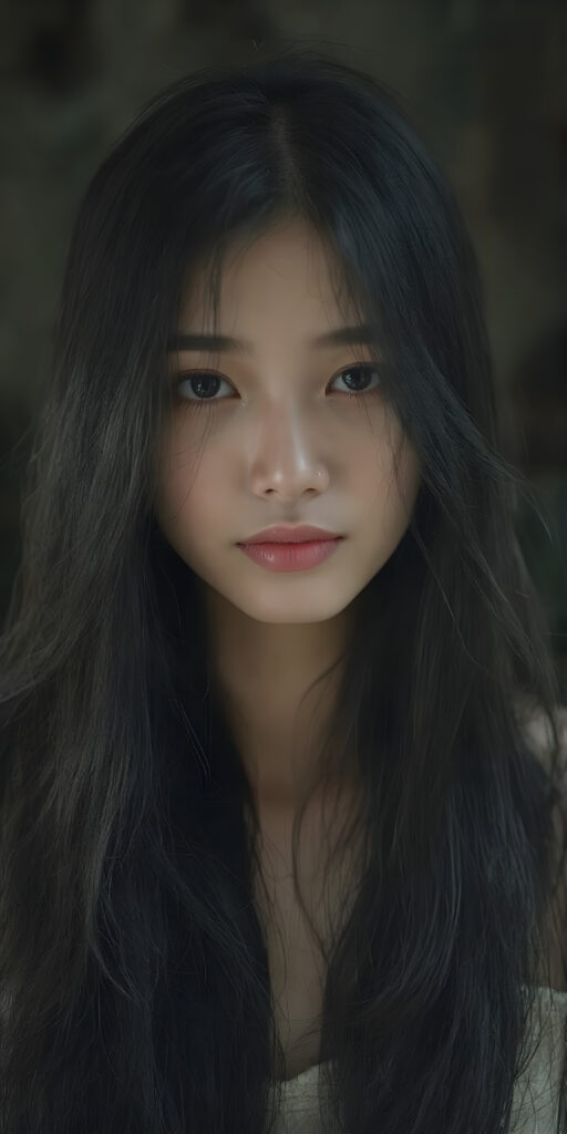 A (((beautiful Asian teen girl))), with (((extremely long, flowing black hair))) that flows down to her shoulders and cascades down her back in a (((dainty, layered waterfall manner))), paired with (((black irises))), (((pale skin))), and (((a full, cherry mouth))), all posed together in a (((mystical setting))) where the light takes on a magical quality, as if emanating from her features, creating a breathtakingly beautiful image that exudes a sense of otherworldliness (((upper body portrait)))