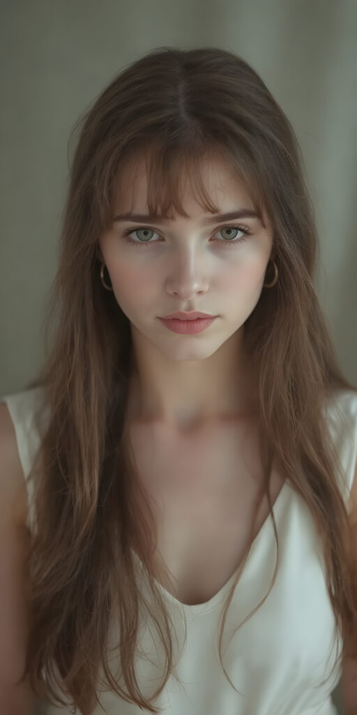 A (((beautiful girl))), with ((pale skin)) and long, flowing ((brown tresses)), whose expression is one of subtle ((mysterious foreboding)), dressed in a sleek ((white dress)), which though alluringly translucent, still exudes an air of mystery and foreboding. Her hair is styled in loose bangs and large hoop earrings, that add to her elegant and sophisticated appearance. A modern, high-resolution photo, captured in 8K quality, with intricate details and advanced lighting techniques that bring this captivating scene to life in a truly stunning image, full body view