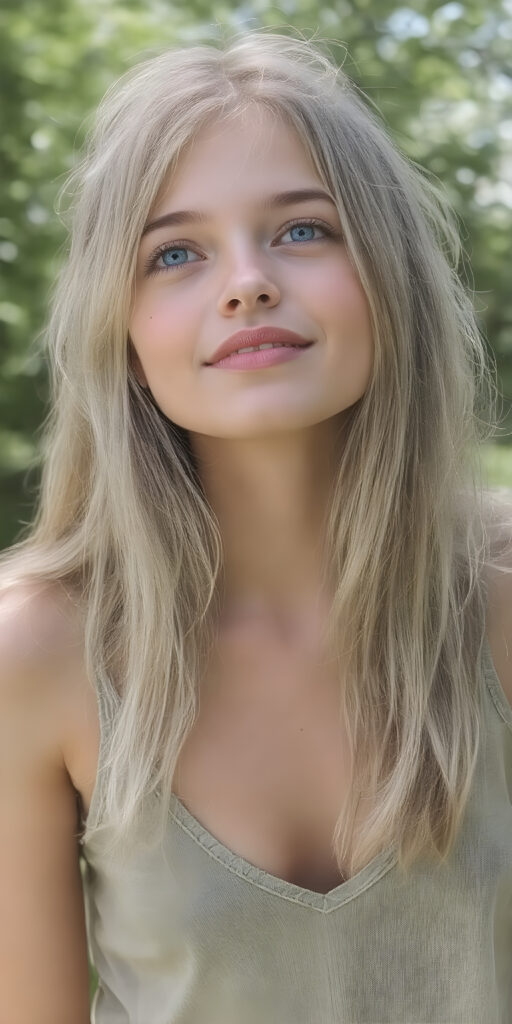 A (((beautiful young adult teen girl))), with long, flowing (((straight light green and blond hair))), (((bright blue eyes))), and (((fair skin))), featuring (((full lips))) and (((white teeth))), that give off a (delicate yet inviting smile). She's dressed in a (((very light, thin tank top in a soft green hue, deep v-neck))), with intricate details and (((very short, translucent, green shades)), that give off a (soft glow) and frame her youthful figure on a (mild grassy hill) looking up at the (sunny sky) and beautiful green trees in the background. She exudes an air of (serene beauty) and is painted in a (soft, impressionistic style) that gives off a (fantastical, dreamlike aesthetic), no necklace