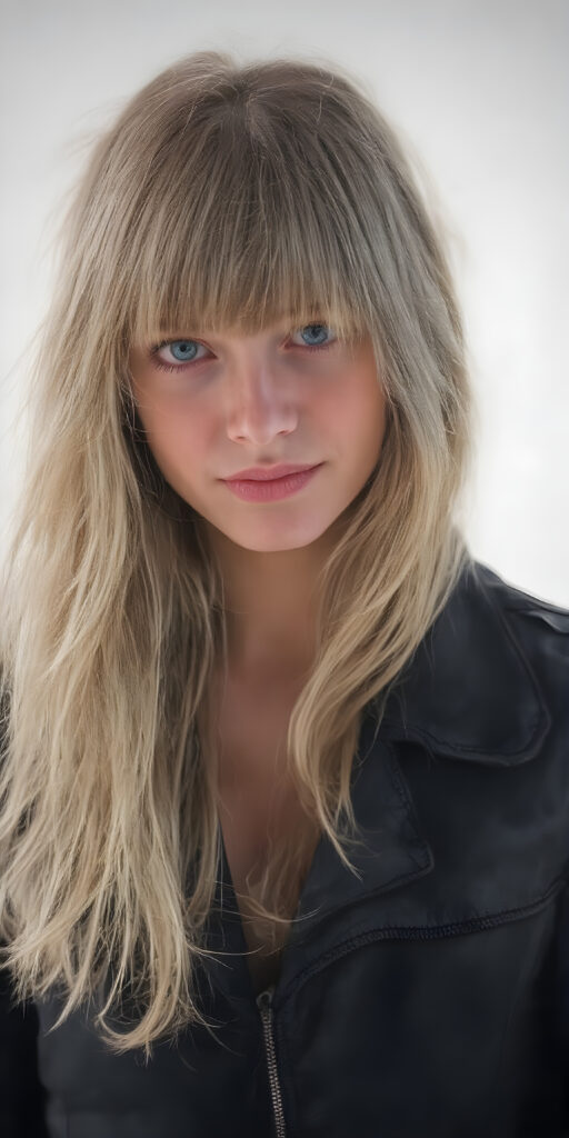 A (((beautiful young cute teenage girl))), age 15, with flowing, (((long, two-toned blond hair with bangs))), that subtly matches the contours of her face, covering her eyes and ears, creating a soft, ethereal glow around her head. She's dressed in a sleek, ((black, form-fitting biker jacket)) with intricate, ((tribal-inspired detailing)), paired with light denim jeans. Her smile radiates cheerfulness, set against a (softly hazy white backdrop), (full body), ((tattoo art)) that elegantly matches the contours of her body and complements her youthful face, giving off an air of confidence and poise, ((poker face)) that exudes sophistication and playfulness