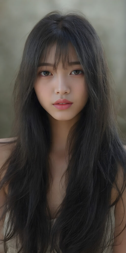 A (((beautiful Asian teen girl))), with (((extremely long, flowing black hair))) that flows down to her shoulders and cascades down her back in a (((dainty, layered waterfall manner))), paired with (((black irises))), (((pale skin))), and (((a full, cherry mouth))), all posed together in a (((mystical setting))) where the light takes on a magical quality, as if emanating from her features, creating a breathtakingly beautiful image that exudes a sense of otherworldliness (((upper body portrait)))