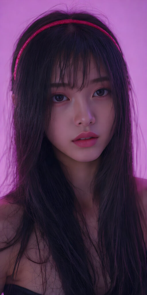 A (((beautiful Asian teen girl))), with (((extremely long, flowing black hair))) that flows down to her shoulders and cascades down her back in a (((dainty, layered waterfall manner))), paired with (((black irises))), (((pale skin))), and (((a full, cherry mouth))), all posed together in a (((mystical setting))) where the light takes on a magical quality, as if emanating from her features, creating a breathtakingly beautiful image that exudes a sense of otherworldliness (((upper body portrait))) ((she wears a red headband))